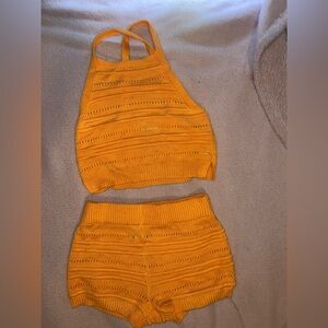 Vibrant Orange Knit Halter Top and Shorts